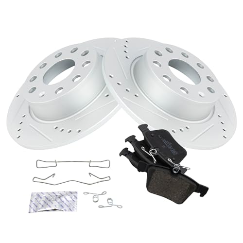 Image of TRQ Performance Rear Brake Pad and Rotor Set Ceramic Coated Drilled Slotted Rotors Compatible with 2015-2020 Audi A3 2015-2018 A3 Quattro 2016-2018 Sportback e-tron 2015-2019 Volkswagen e-Golf