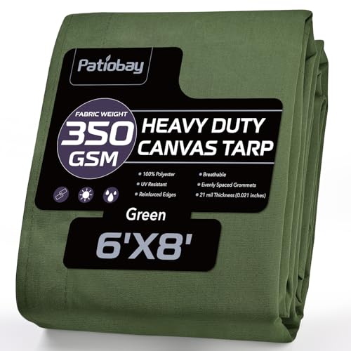 Patiobay Canvas Tarp 6x8 Feet, 12 Oz Heavy Duty Waterproof with Rustproof Grommets, UV Resistant, Multipurpose Outdoor Tarpaulin for Camping, Canopy, Woodpile, Trailer (Green)