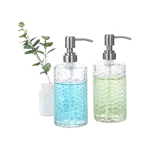 Emica Home 14.5oz Clear Hammered Design Glass Soap Dispenser with Rust Proof 304 Stainless Steel Pump, Refillable Hand Soap Dispenser, Premium Glass Bottle for Bathroom or Kitchen Cover