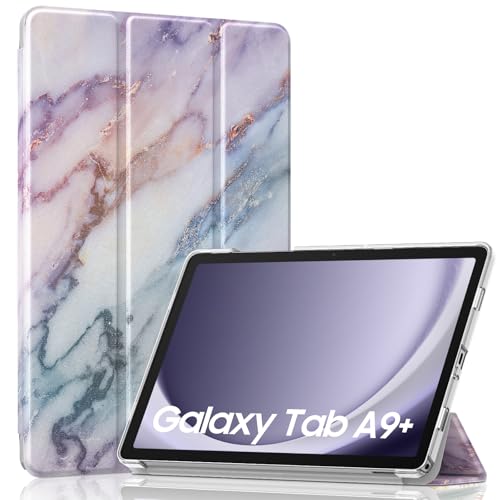 Image of MoKo Trifold Case for Galaxy Tab A9 Plus /A9+ 11 Inch 2023, Purple Marble | Slim Stand Hard PC Translucent Back Shell Smart Cover, Auto Sleep /Wake, Light, Anti-scratch, 2 Adjustable Angle