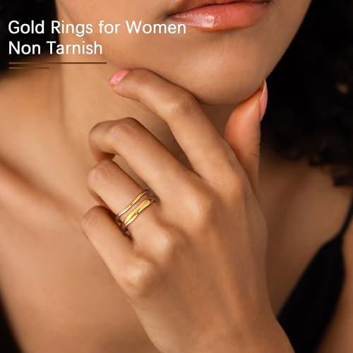 Gold Rings for Women Non Tarnish 14K Gold Plated Stackable Ring Set Simple Trendy Wave Rings Birthday Gifts for Mom Waterproof Gold Jewelry Size 5-10 6