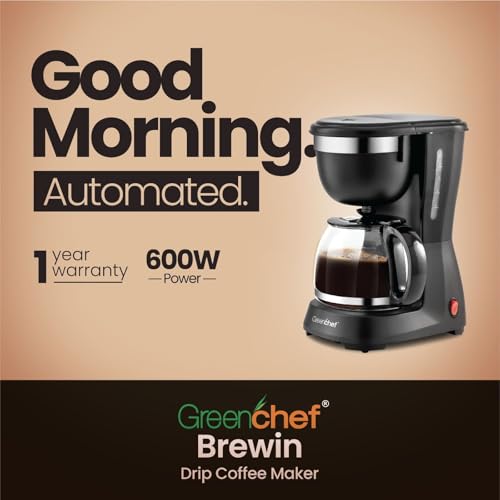Image of GREENCHEF Brewin Drip Coffee Maker 600W | Borosilicate Glass Carafe | One-Touch Brewing | Drip-Stop Function | Dishwasher-Safe | 600ml Capacity With Filter |