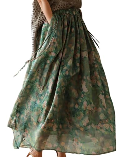 Women Floral High Waist Maxi Skirt Summer Flowy Boho Elastic Waist Mesh Long Skirt with Pockets