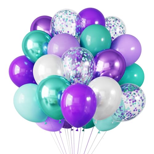 Image of RUBFAC Purple Party Balloons, Purple and Teal Balloons, 65pcs Metallic Purple Green Blue Confetti Latex Balloons for Magic Birthday Party Decorations