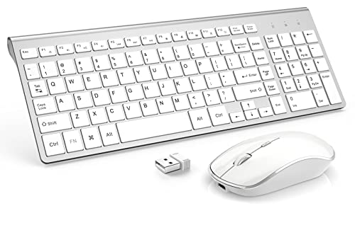 Image of J JOYACCESS Rechargeable Wireless Keyboard Mouse Combo- Ultra Slim Compact Full Size White Keyboard and Mouse,2.4G Quiet Corelesss Keyboard and Mouse for iMac，Mac， Laptop,Desktop,PC,Computer,Windows