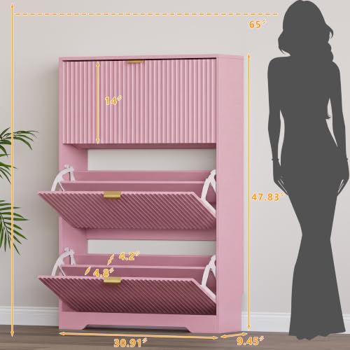 Image of BORNOON Entryway Shoe Cabinet with 3 Flip Drawers, Narrow Shoe Organizer Cabinet with Fluted Panel and Adjustable Shelves for Foyer, Hallway