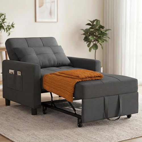 Xbro Fauteuil Chauffeuse 1 Place,3 en 1 Convertible Fauteuil-lit avec Fonction Lit avec Coussin et Sac, pour Petit Appartement (Gris foncé)