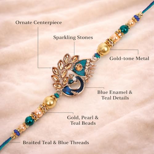 Image of Riddhika Ventures Meenakari Peacock Rakhi - A Bond of Love & Protection with Roli Chawal and Greeting Card