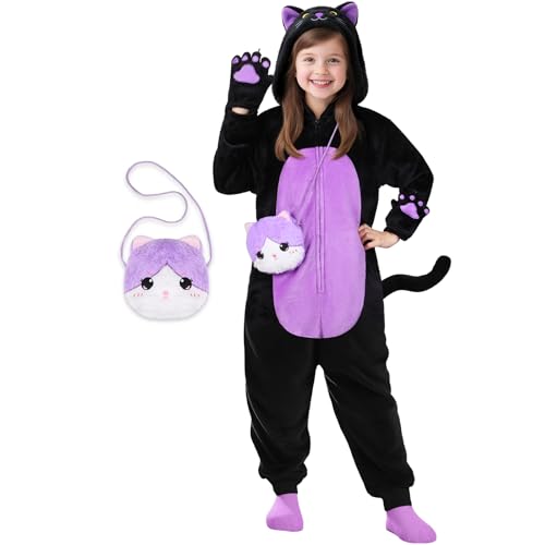 Joycover Black Cat Costume for Girls Kids Hooded Cat Onesie with Tail Paw Purse Bag Animal Noir Costume Girls Halloween Costumes for Kids Age 5-10 Gifts for Birthday Halloween Party Occasions S