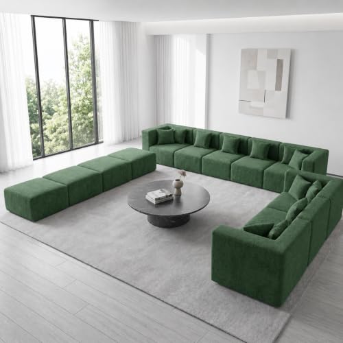Image of MONVANE 185 inch U-Shaped 12 Seat Modular Sectional Cloud Couch, Forest Green | Sectional Couches for Living Room, High Supportive Backrests, Movable Ottomans, Deep Seat, No Assembly Required