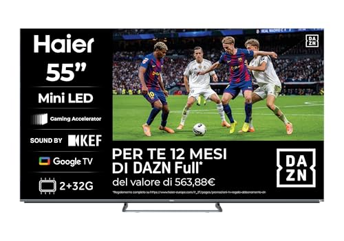 Haier QD MiniLED 4K UHD H55M80FUX - 55", Smart TV, Google TV, Dolby Atmos y Dolby Vision, HDR 10, Google Assistant, Procesador Quad Core, Bluetooth 5.2, DBX TV, HDMI 2.1 x 4, 2+32 GB, Sin Marcos, 2025