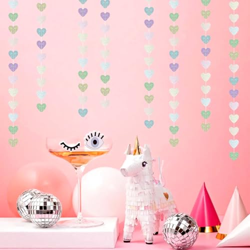 Image of Iridescent Disco-Holographic Party-Decorations Heart Streamers-Garland - 52ft Glitter Dance Hanging Paper Banner, Wedding Bachelorette Birthday Euphoria Galentines Decor Hugfond