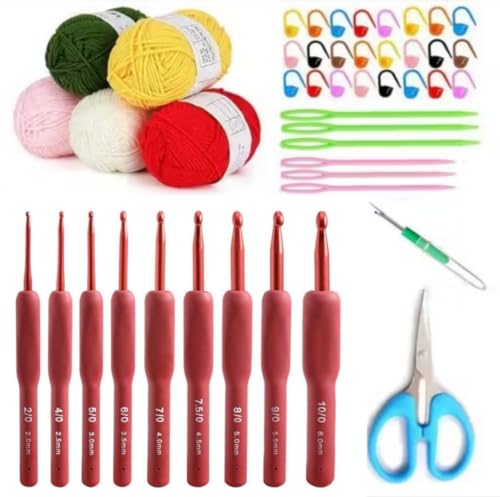 Image of Crochet Hook Set Ergonomic Soft Grip Handles, 9 Sizes 2.0-6.0mm - Crochet Hooks for Arthritic Hands, Complete Knitting & Crochet Accessories Kit with Yarn, Needles, Stitch Markers & Scissors, Beginner & Pro (red hook kit)