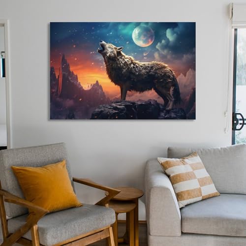 Impression sur toile loup gris encadrée avec lune abstraite