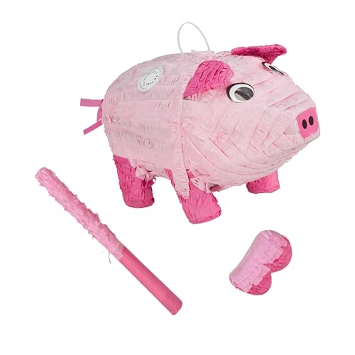 Relaxdays Piñata de Cerdo con máscara y Palo, Infantil, para cumpleaños, Rellenar, 25x20x43 cm, Rosa