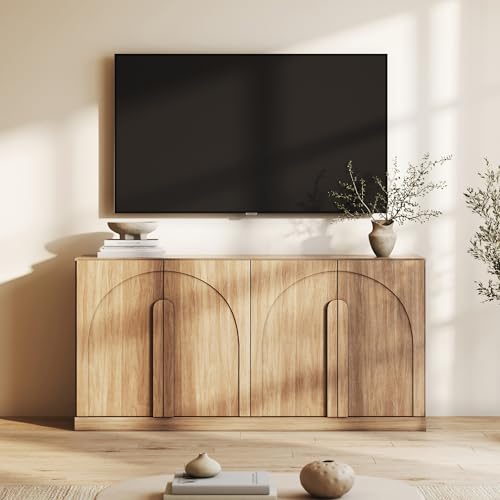 Image of BELLEZE Bijou 64 inch Modern Buffet Sideboard, Mid-Century Arch Carved Wood Door Cabinet, Textured Storage Console for Living Room, Kitchen, Entryway - Camel