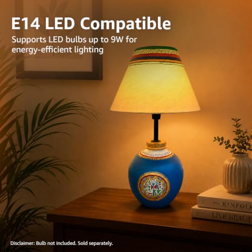 Image of Amazon Basics Warli Whispers Blue Table Lamp | Hand-Painted Blue Base with Cream Fabric Shade | E14 Holder | Decorative Night Lamp for Bedroom, Living Room & Study Room | Home Decor Gift