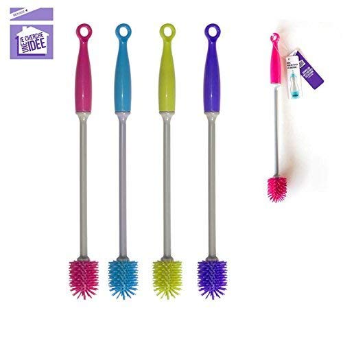 Je Cherche une Idée ME2192 Goupillon de Nettoyage Anti-Rayure, Silicone, Rose/Bleu/Violet/Vert, 3 x 3 x 30 cm