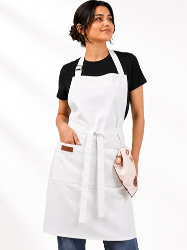 RUSTIQUE LINENS White 100% Cotton Kitchen Apron with 2 Pockets for Men and Women Adjustable Chef Apron for Cooking Baking BBQ Restaurant Use Machine Washable Durable Unisex Bib Apron