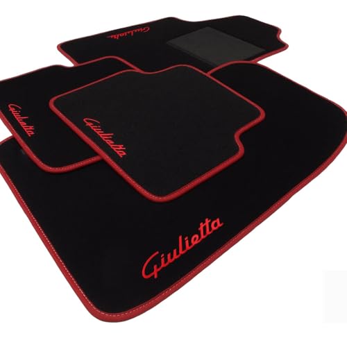 Tappetini Auto per Giulietta 2010-2020 | Kit Completo 4 Tappeti Auto Ricamati Bordo Rosso Cucitura Rossa | Moquette Alta Qualità | Fondo Antiscivolo | Battitacco PVC | Lunga Durata