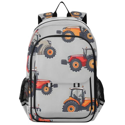 Cute Cartoon Tractor Grey Backpack for Kids, Front Flap School Bag, 17 Inch Durable Backpack for Boys, Age 6-12
