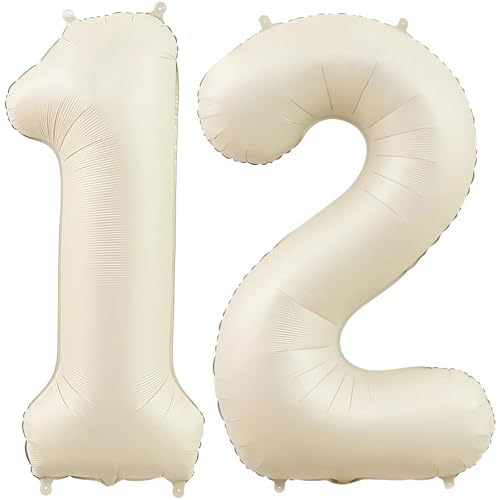 Cream 12 Balloon Number 40 Inch Cream Number 12 Balloon Helium Mylar Balloons for Birthday Party Decoration