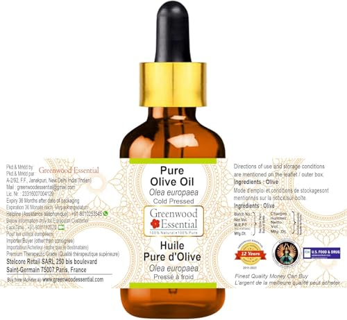 Image of Greenwood Essential Pure Organic Olive Oil (Olea europaea) with Glass Dropper | Cold Pressed | Natural | Undiluted | For Diluting Essential Oils | For Hair, Skin & Massage | Men & Women | 30ml