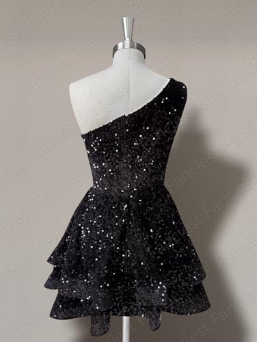 Fanciest Women's One Shoulder Sequin Homecoming Dresses Tiered Short Prom Dress for Teens2