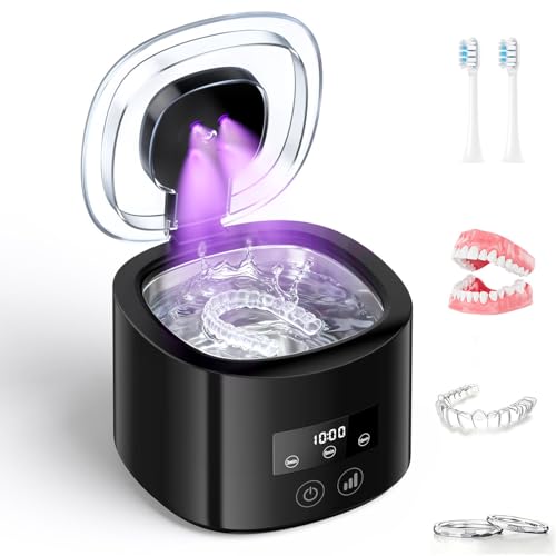 Limpiador Ultrasónico,50000Hz Limpiador Ultrasonidos Dental，230ML Ultrasonidos Limpieza,4 Lampara UV Ultrasonic Cleaner Portatil para Dentaduras, Retenedores, Alineadores y Joyas-Negro