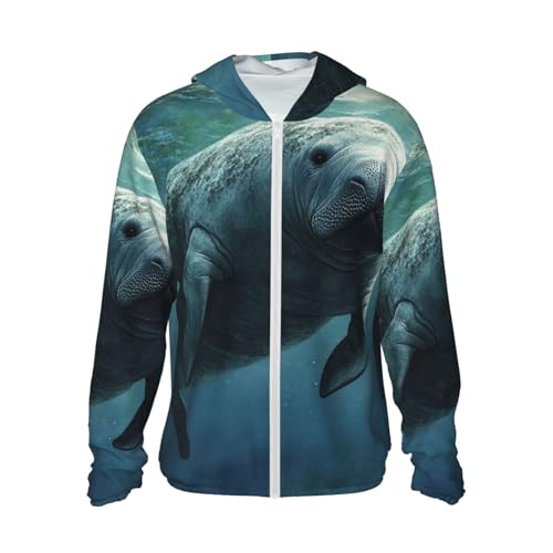 UPF 50+ Sun Protection Hoodie Long Sleeve Ocean Animal Manatee Sun Shirt Rash Guard Fishing Shirts for Men