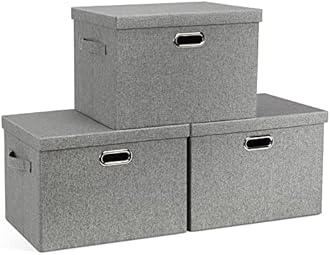 Large 17" 36 Quart Collapsible Stackable Storage Bins with Lids, 3 Packs Grey Linen Fabric Closet Boxes with Lids, Storage Cube Baskets Container Organizers for Bedroom Office(17 x12 x11)