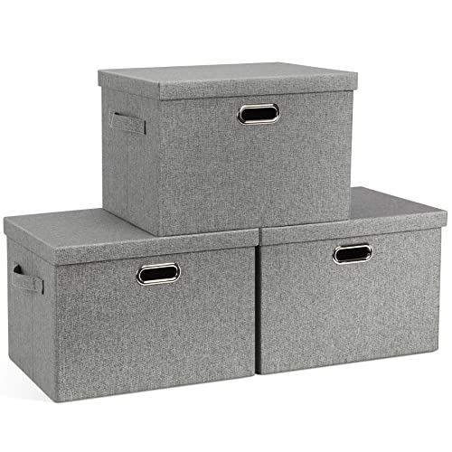 Large 17" 36 Quart Collapsible Stackable Storage Bins with Lids, 3 Packs Grey Linen Fabric Closet Boxes with Lids, Storage Cube Baskets Container Organizers for Bedroom Office(17 x12 x11)