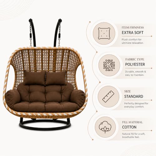Image of Hanging Swing Chair with Cushions | Brown Woven Rattan Style Double Seater Jhula with Stand | Indoor Outdoor Balcony Patio Garden Porch Seating | Relaxation Chair for Home & Decor (Brown)