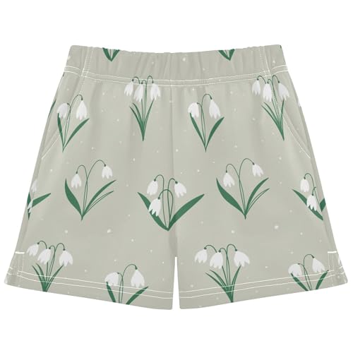 pnyoin Girl's Shorts White Flowers Athletic Running Shorts with Pockets Size 9-10t
