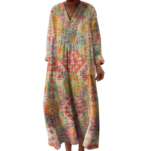 Women's Long Sleeve Floral Print Retro V Neck Boho Flowy Maxi Dresses for Seniors Petite Outfits 2025 Fall3