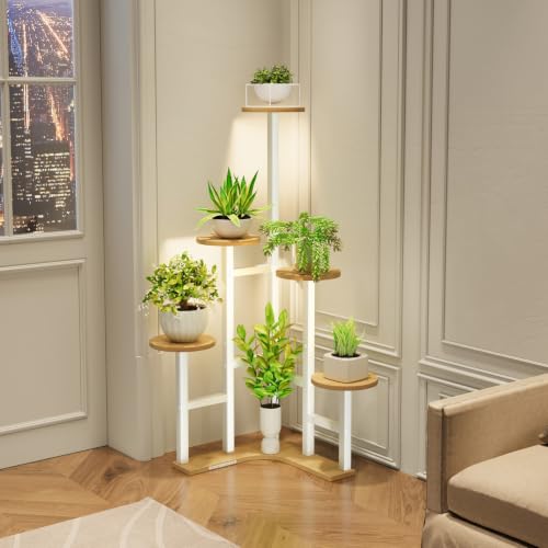 Image of Corner Plant Stand Indoor with Grow Lights 6 Tiered Corner Plant Shelf | Flower Stand for Multiple Plants, Plant Shelves Organizer Rack for Living Room, Balcony, Patio, Garden, White Oak