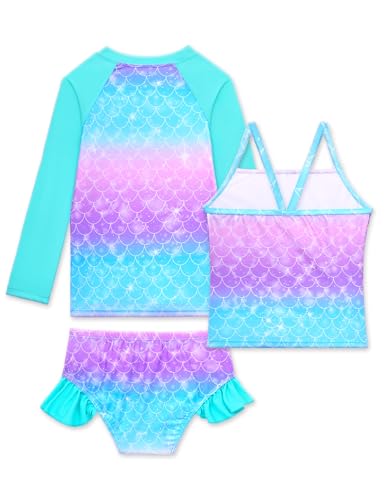 Image of Girls Rash Guard Swimsuit 3 Pieces Long Sleeve UPF50+ Quick Dry Bathing Suit for Toddler 3-12Y