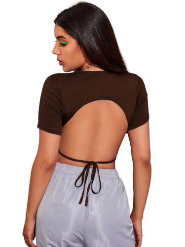 Image of Aahwan Solid Tie Back Cut Out Slim Fit Crop Top for Women's & Girls'