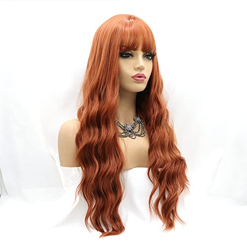 Xiweiya Wigs Long Curly Copper Red Wig With Air Bangs Hair Length Synthetic Wave Heat Resistant Fiber Wigs Middle Parting For Women, Drag Queen Cosplay Makeup #TOP1