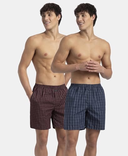 Image of Jockey 1223 Men Super Combed Mercerized Cotton Woven Checkered Boxer Shorts with Side Pocket (Pack of 2, Colors & Prints May Vary)