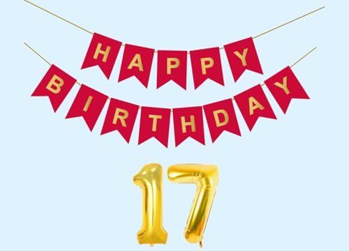Image of 17th Happy Birthday Decoration Kit Red for 17 year Old Boys Girls Teenage with Number Seventeen Party Decorations Decor Celebration Items Item Set Combo Reusable Paper Banner
