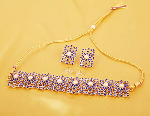 Image of Touchstone Mughal Jali Collection Gold Tone Indian Mughal Bollywood White Diamante Jewelry Choker Set for Women