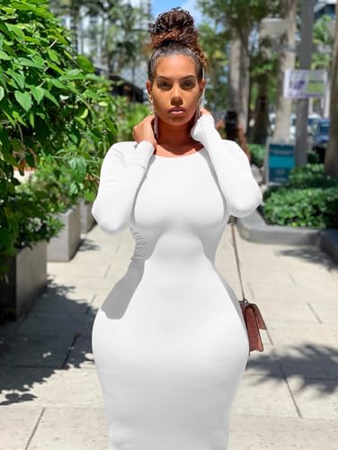 Image of XXTAXN Women's Sexy Bodycon Long Sleeve Round Neck Work Office Maxi Pencil Dress White, Small