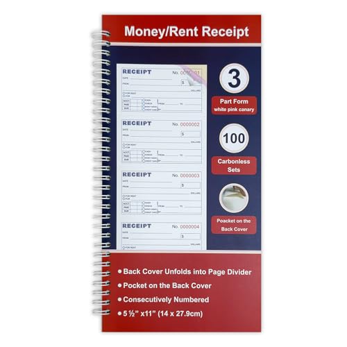 Money and Rent Receipt Book 3-Part Carbonless 5-1/2" x 11" Spiral Bound 100 Sets per Book 4 Receipts per Page, Receipt Book with Carbon Copies(1-Pack)