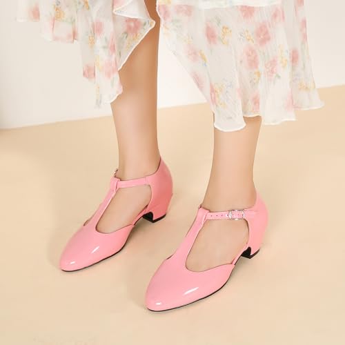 Image of MAIERNISI JESSI Women's T-Strap Mary Jane Pumps, Low Block Heel, Closed Toe, Buckle Ankle Strap