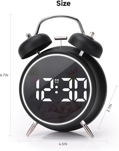 Image of Niloni Digital LED Table Alarm Mirror Twin Bell Clock with Night Light, USB Rechargeable /Battery Operated Loud Bell Metal Alarm Clock, Black