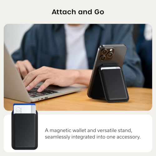 Image of Satechi Magnetic Magsafe Wallet and Double Flap Stand, iPhone Wallet with 4 Card Slots, Front Flap NFC Pass Through for iPhone 15, iPhone 14, iPhone 13, iPhone 12 - Vegan Leather, Black | Double-flap design, adjustable phone attachment, fits iPhone 12-17