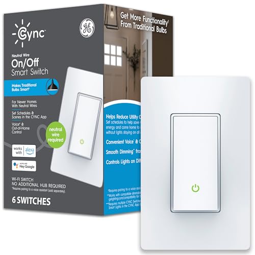 GE CYNC Smart Light Switch Paddle Style Neutral Wire Required Bluetooth and 2.4 GHz Wi-Fi 4-Wire Switch Compatible with Alexa and Google White (6 Pack)