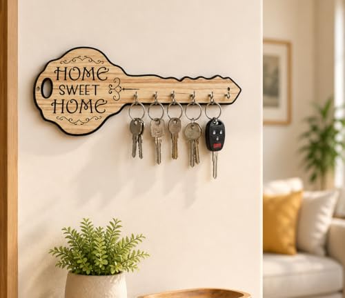 Image of Premium Home Sweet Home Wood Key Holder for Home Decor Stylish wall Hanhing Key (40 cm x 15 cm) 6 Hook - Decorative Items for Home Decor Natural Wood