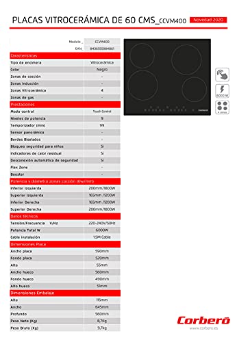 Corbero-CCVM400-Placa-Vitroceramica-de-60-cms-4-Zonas-Potencia-6000-W-Control-Touch-9-Niveles-de-Potencia-Temporizador-de-99-min